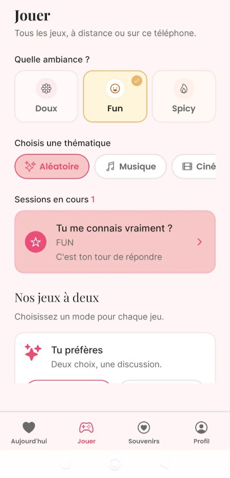 Glowly onglet jouer, jeux de couple